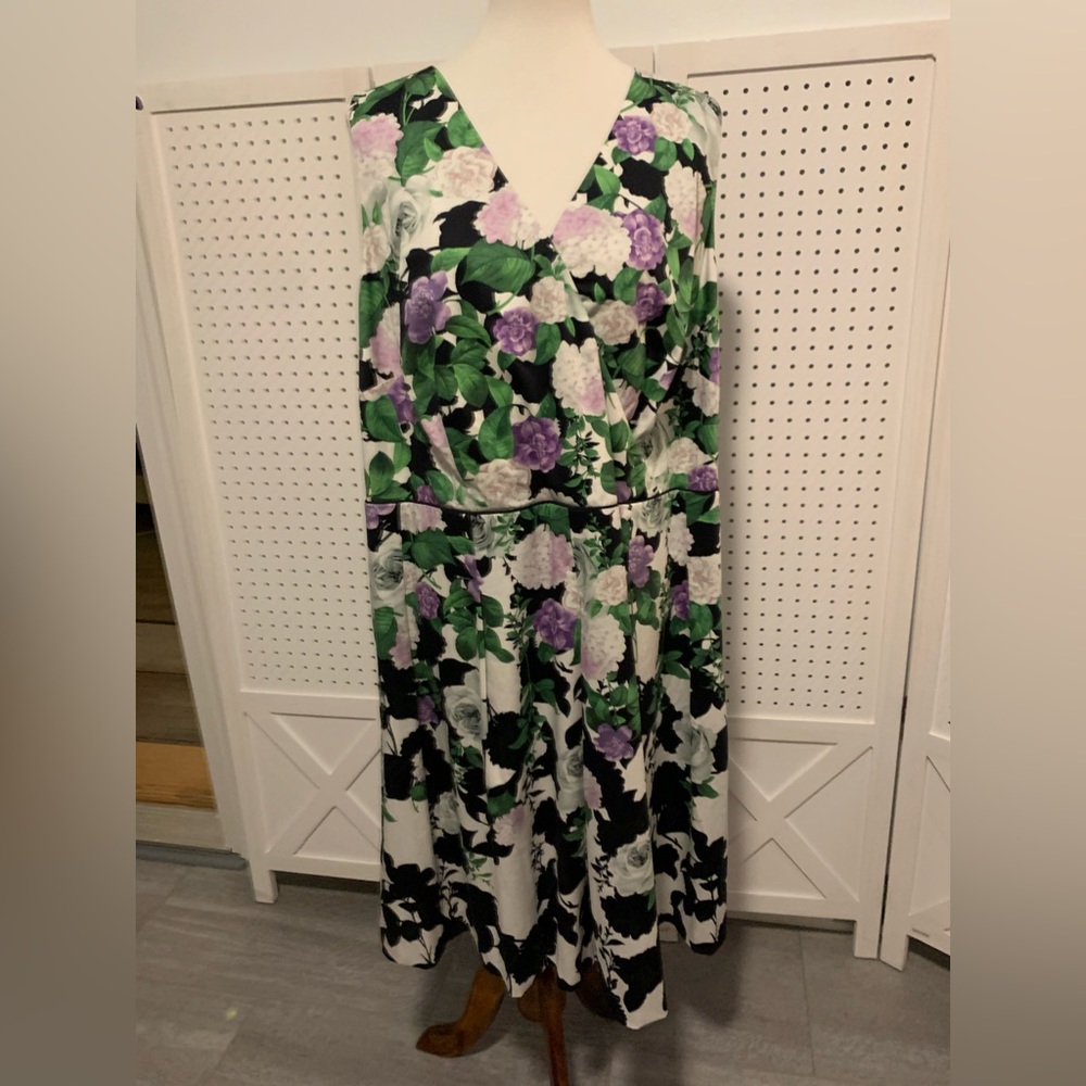 Talbots White Floral Midi Dress with Purple & Green Print 20W Petite